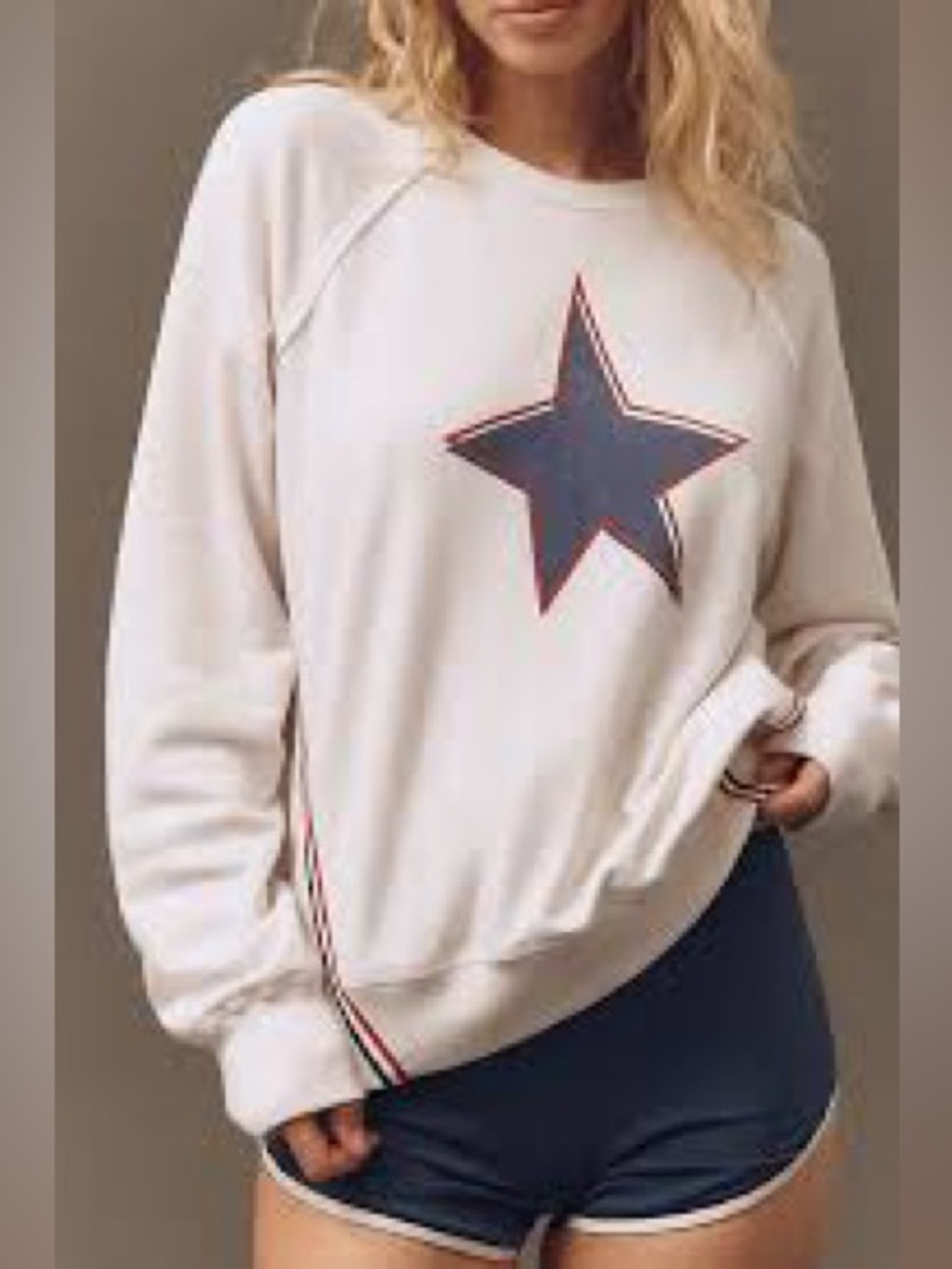 Sundry White Crewneck Sweatshirt with Red and Blue Star